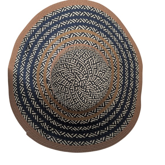 ALDO Womens Wide Brim Sun Hat Navy Blue Tan Geometric Woven Floppy Straw Hat ML - Picture 2 of 6